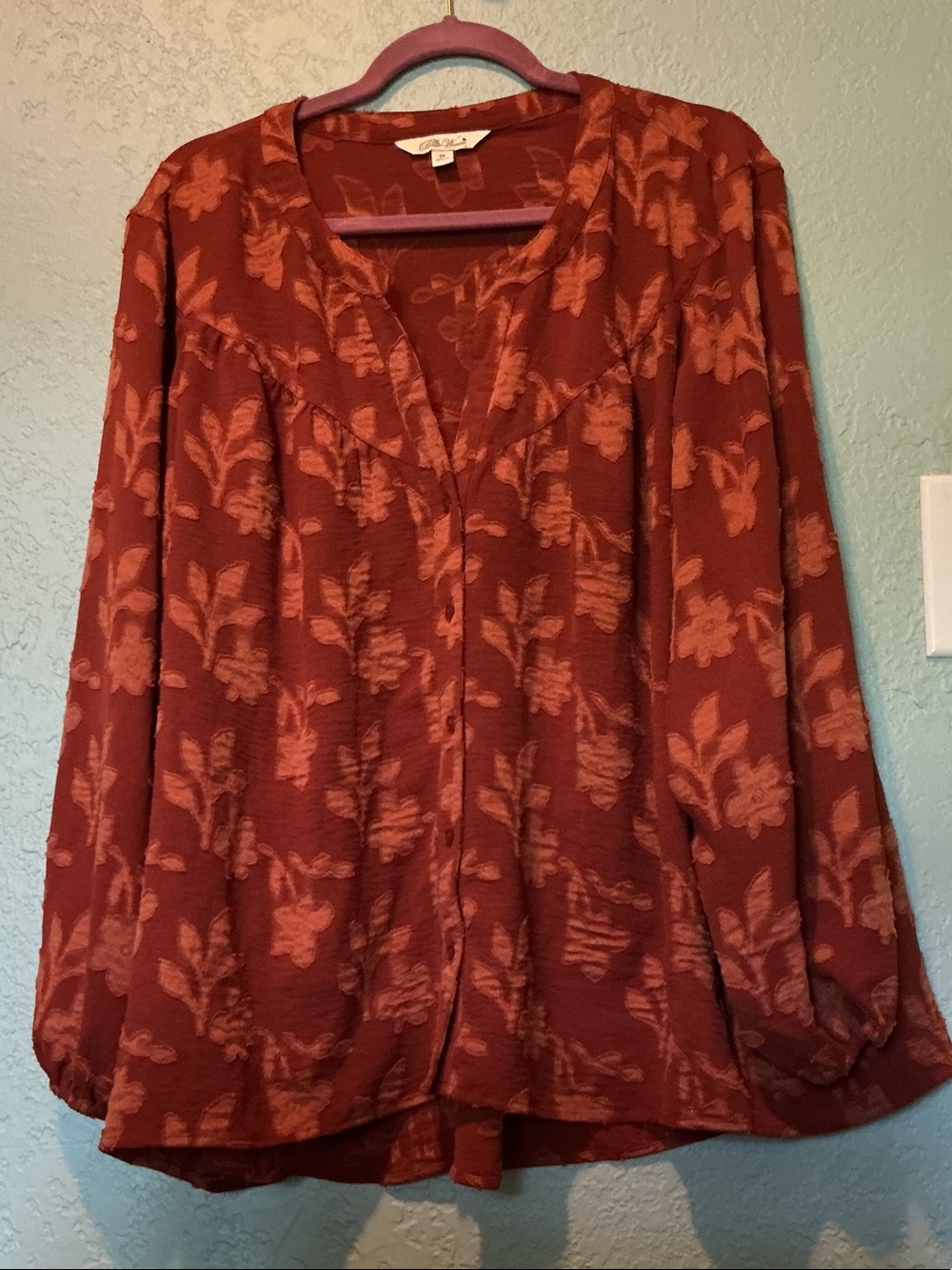 Women's Rust Red Orange Floral V-Neck Blouse Button-Down top 2x fits like 3x